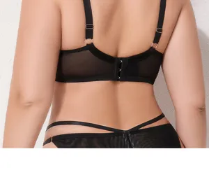 Plus size black bra detail view showing breathable mesh and adjustable straps clearly.