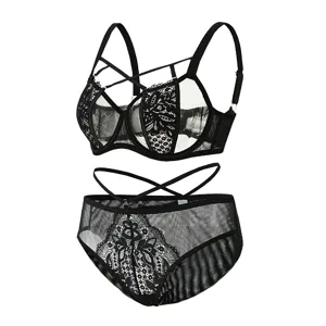 Black lace lingerie set with chic strappy design, sheer mesh bralette and matching panties.