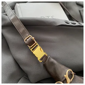 Classic retro women crossbody bag strap detail, premium brown leather with gold metal hardware.