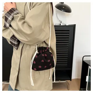 Cute strawberry corduroy bucket bag for women, casual single shoulder crossbody pouch.