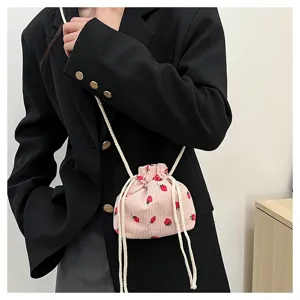 Cute strawberry corduroy bucket bag detail, stylish small shoulder messenger bag for women.