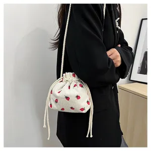 Cute strawberry corduroy bucket bag with drawstring and shoulder strap for women daily use