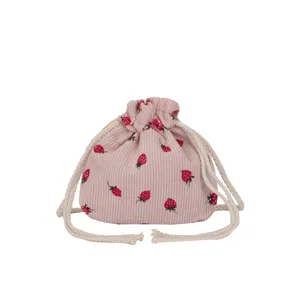Cute strawberry corduroy drawstring bag for women, sweet style small shoulder bucket pouch.
