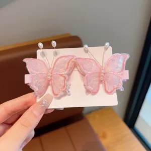 Fermaglio per capelli a farfalla con perle in rete, bellissimi accessori rosa per donne.