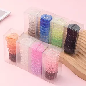 Colorful spiral hair ties set in transparent boxes, sweet gradient candy hair ropes for women.