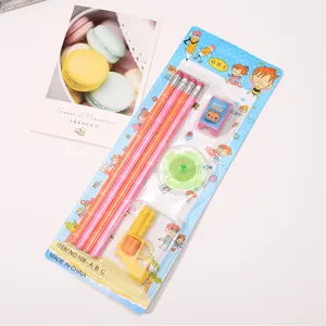 Student pencil stationery set with colored pencils, eraser and cute cartoon packaging gift.