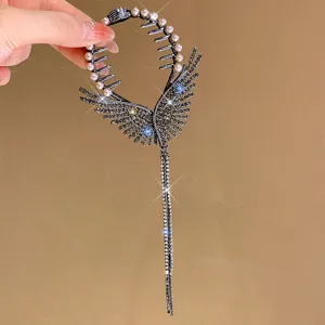 Elegant Angel Wings Tassel Hair Claw Clip Rhinestone Artificial Pearl Metal Ponytail Holder Hair Accessories For Women