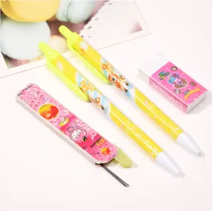 Cute student stationery set including mechanical pencils, eraser, and lead refill case for school.