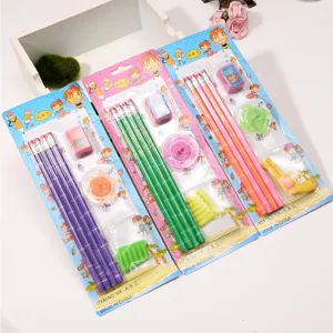 Children pencil stationery set with cute cartoon pencils erasers and sharpeners for school gift
