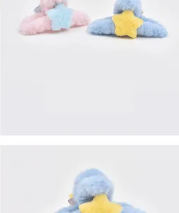 Plush star hair claw clips for women, cute winter fuzzy hair accessories in pink and blue.