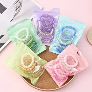 Candy color gradient phone cord hair ties set, cute seamless hair ropes for women styling.