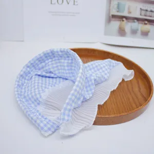 French blue plaid lace triangle scarf hair band pastoral style cute head wrap for women