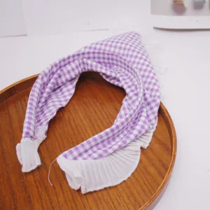 Purple gingham plaid triangular headscarf with white lace trim, pastoral style hairband for women.