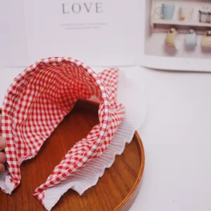 Red and white gingham headscarf with white pleated lace trim, sweet vintage hair band for women and girls.