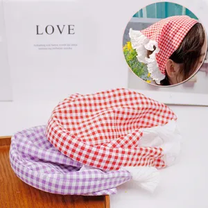 French Style Blue Plaid Lace Triangle Scarf Hair Band For Women Pastoral Style Sweet Headband Beach Hair Accessories