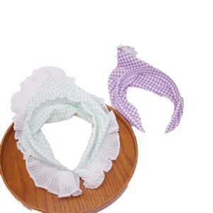 French style checkered lace headband and hair scarf set, cute pastoral hair accessories.