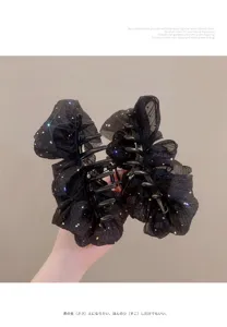 Détails de la pince à cheveux nœud en strass filet noir, design scintillant pour femmes.