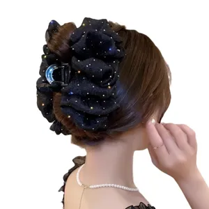 Pince à cheveux nœud en tulle noir avec strass scintillants pour femme, grande pince requin.