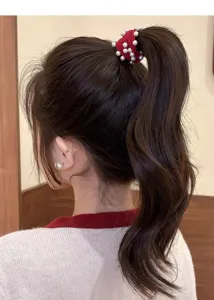 Korean style red pearl hair scrunchie high ponytail elastic hair band women elegant hair accessory