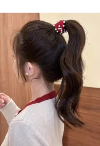 Korean style red pearl hair scrunchie elastic ponytail holder fashion hair accessory for women