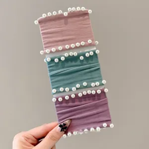 Korean style wide pearl hair bands set, elegant elastic hair ties scrunchies for women styling.