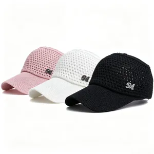 Women Summer Hollow Knit Sun Visor Hat Rhinestone M Letter Breathable Wide Brim Topless Sunshade Peak Cap For Outdoor Beach