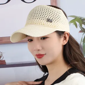 Hollow-out empty top sun hat with rhinestone M logo, breathable wide brim straw visor for summer.
