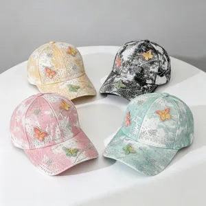 Fashion Women Tie Dyed Gradient Baseball Cap Luxury Heavy Craft Rhinestone Butterfly Curved Brim Adjustable Outdoor Sunshade Hat