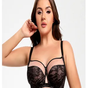 Plus size lace full cup bra for women, comfortable black mesh underwire lingerie top design.