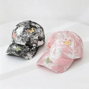 Tie-dye gradient casual baseball cap with sparkling rhinestones and cute butterfly decor.