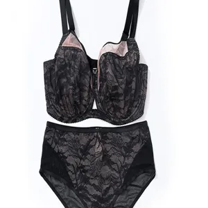 Black lace plus size bra and panties set detailed view, full cup design with soft mesh lining.