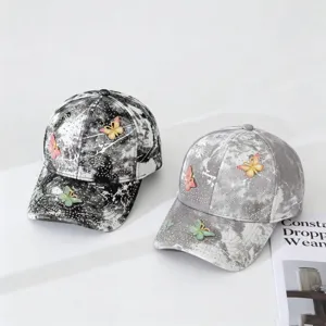 Fashion tie-dye rhinestone butterfly baseball cap, casual gradient sun hat detail view.
