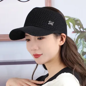 Black mesh empty-top sun hat with rhinestone M logo, breathable wide brim visor cap.