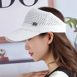 White hollow knit empty top sun visor hat with rhinestone M logo, breathable summer hat.