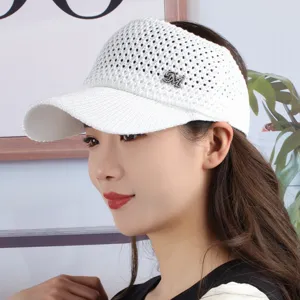 White empty-top sun hat with rhinestone M logo, breathable mesh wide brim summer visor.