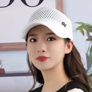 White knitted hollow empty-top sun hat with rhinestone M logo, breathable wide brim summer visor.