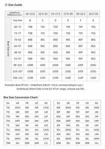 Plus size lace bra size chart showing underbust and cup measurements for perfect fit.