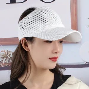 Women white hollow-out knit sun visor hat, empty top breathable wide brim summer cap.