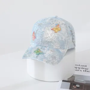 Stylish tie-dye rhinestone baseball cap with cute butterflies for women sun protection.