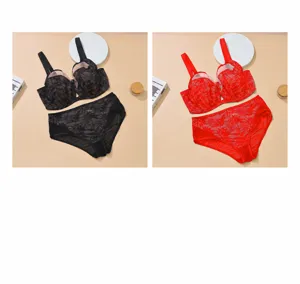 Detailed view of the plus-size lace bra and panties set in black and red color options.