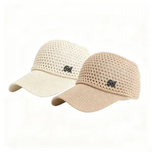 Summer breathable hollow knit empty top sun hat with rhinestone M logo, beige and khaki.