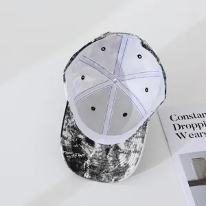 Detailed interior view of a trendy tie-dye gradient baseball cap with breathable lining.
