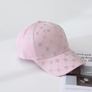 Gorra de béisbol rosa con pedrería para mujer, sombrero elegante de sol con letra brillante B.