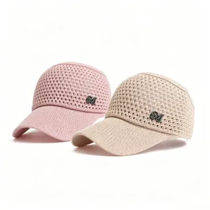 Summer hollow knitted empty top sun hat breathable wide brim rhinestone letter visor cap fashion