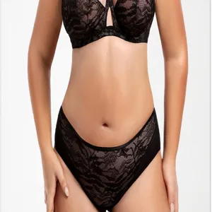Plus size black lace bra set full cup underwear detailing and elegant design for women.