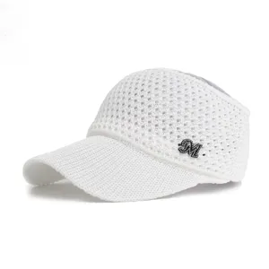 White hollow mesh empty top sun visor hat with rhinestone M logo for breathable summer outdoor wear.