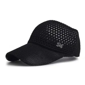 Detailed shot of a black empty-top mesh sun visor cap with rhinestone M logo, breathable wide brim.