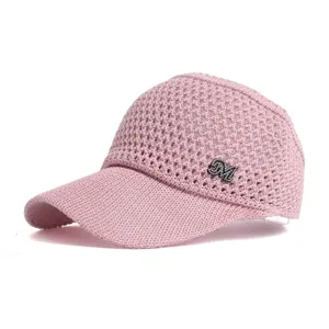Stylish pink knit empty top sun hat breathable wide brim visor with rhinestone M logo.