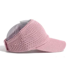 Pink knitted hollow sun visor hat, breathable wide-brim empty top summer beach cap.