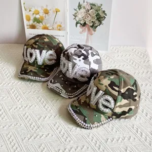 Camouflage pearl studded LOVE baseball cap stylish fashion adjustable sun hat for women